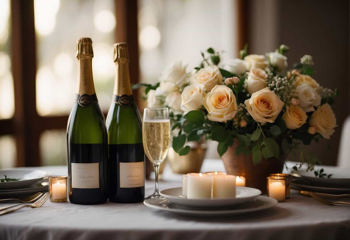A table set with a romantic dinner for two, adorned with candles and flowers. A bottle of champagne chilling in an ice bucket, with a handwritten note expressing love and gratitude