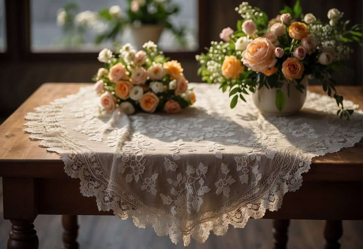 A lace tablecloth drapes over a wooden table, adorned with delicate textiles and a bouquet of flowers, symbolizing the 13th wedding anniversary