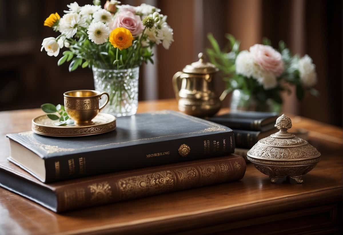 A table adorned with traditional lace, a crystal vase filled with fresh flowers, and a stack of leather-bound books
