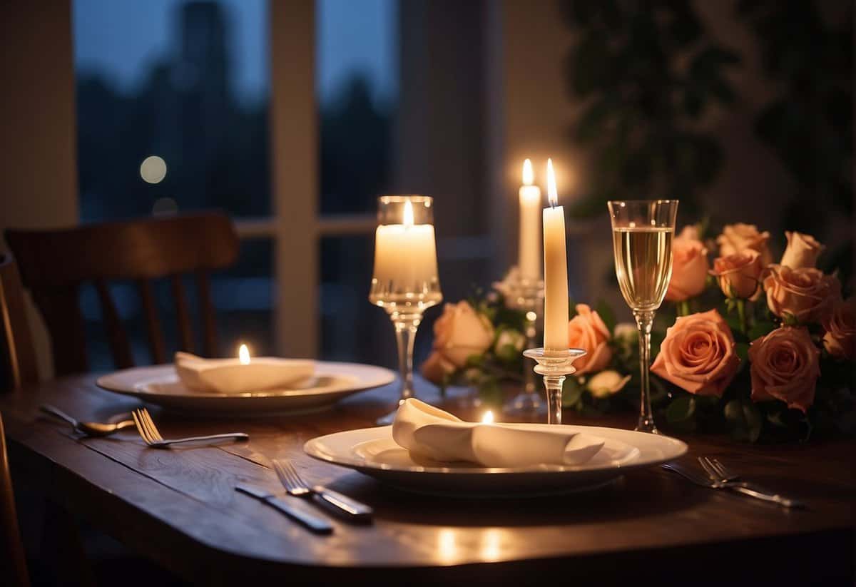 A candlelit dinner table with two wine glasses, a bouquet of roses, and a handwritten love letter. Soft music plays in the background, creating a romantic atmosphere