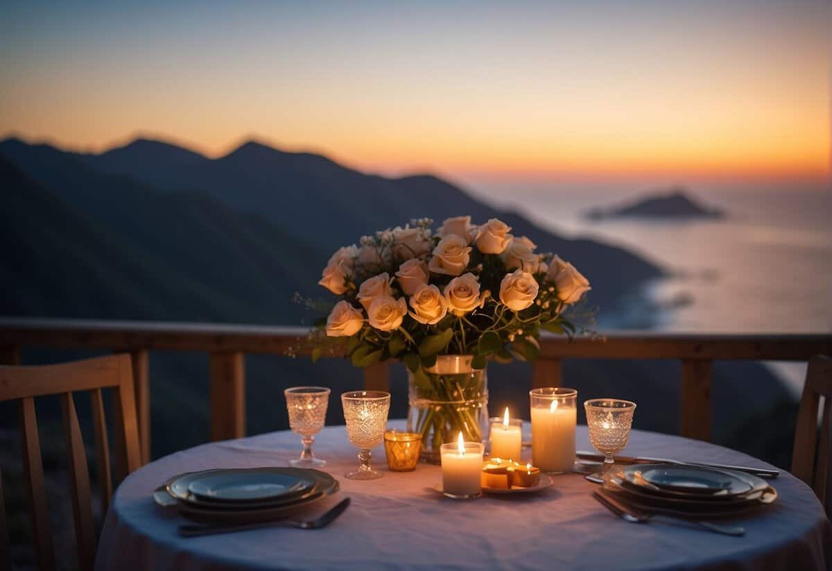 A couple sitting at a candlelit dinner table with a bouquet of roses and a gift box. A scenic view of a beach or mountains in the background