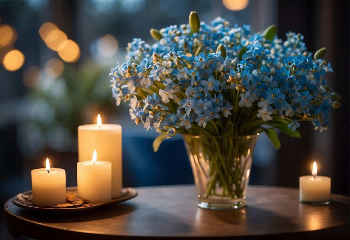 A bouquet of forget-me-nots, lilies, and opal gemstones arranged on a table. A candle flickers, casting a warm glow on the symbolic 14th wedding anniversary display