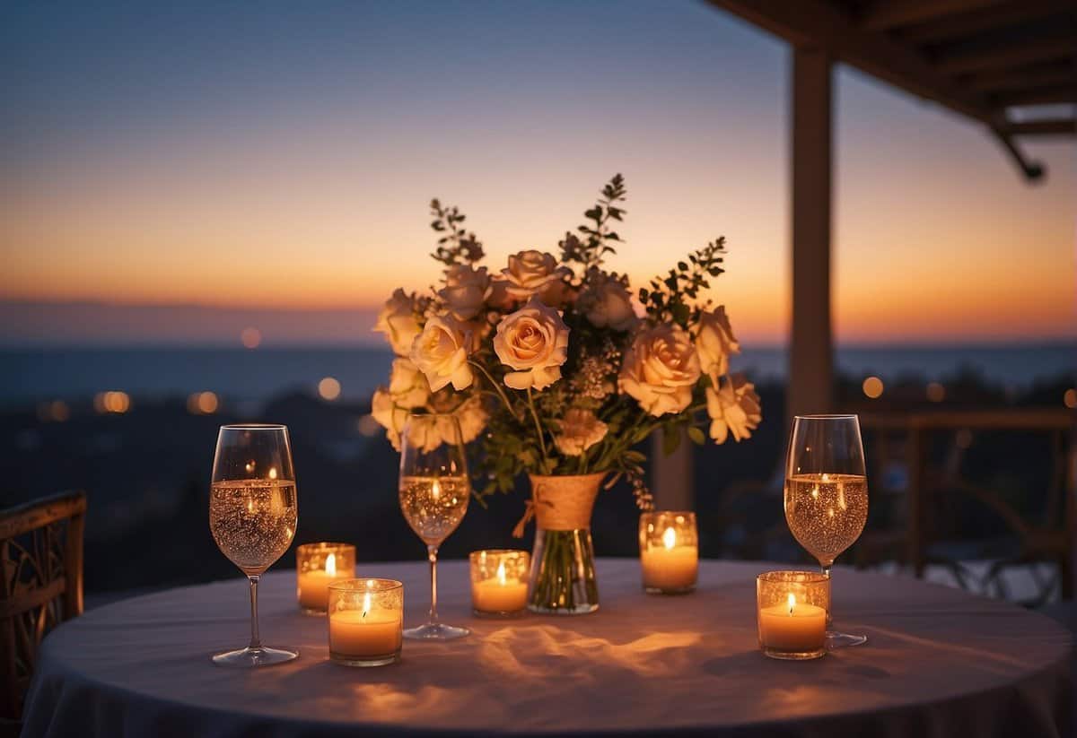 A table adorned with flowers, candles, and a bottle of champagne. Two chairs facing each other, surrounded by twinkling lights and a picturesque sunset in the background