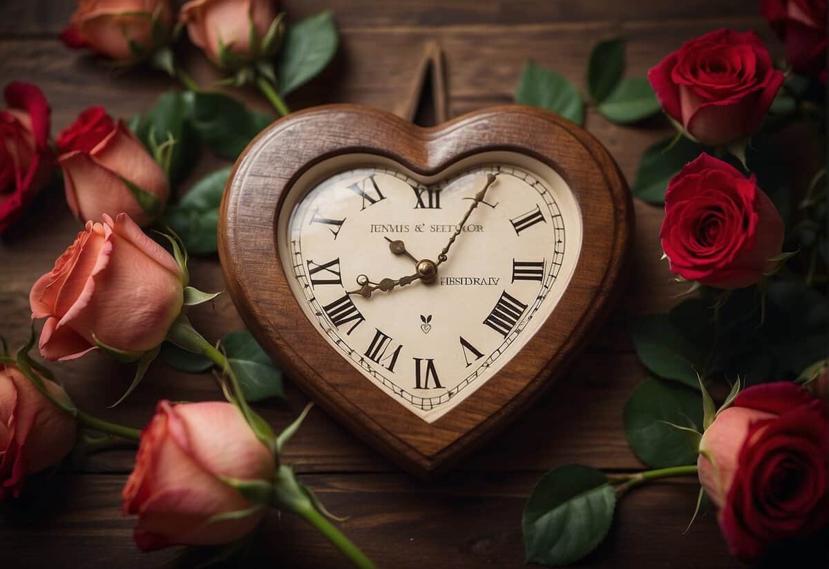 A couple's names engraved on a heart-shaped wooden plaque surrounded by 14 roses, with a vintage clock showing the time of their wedding