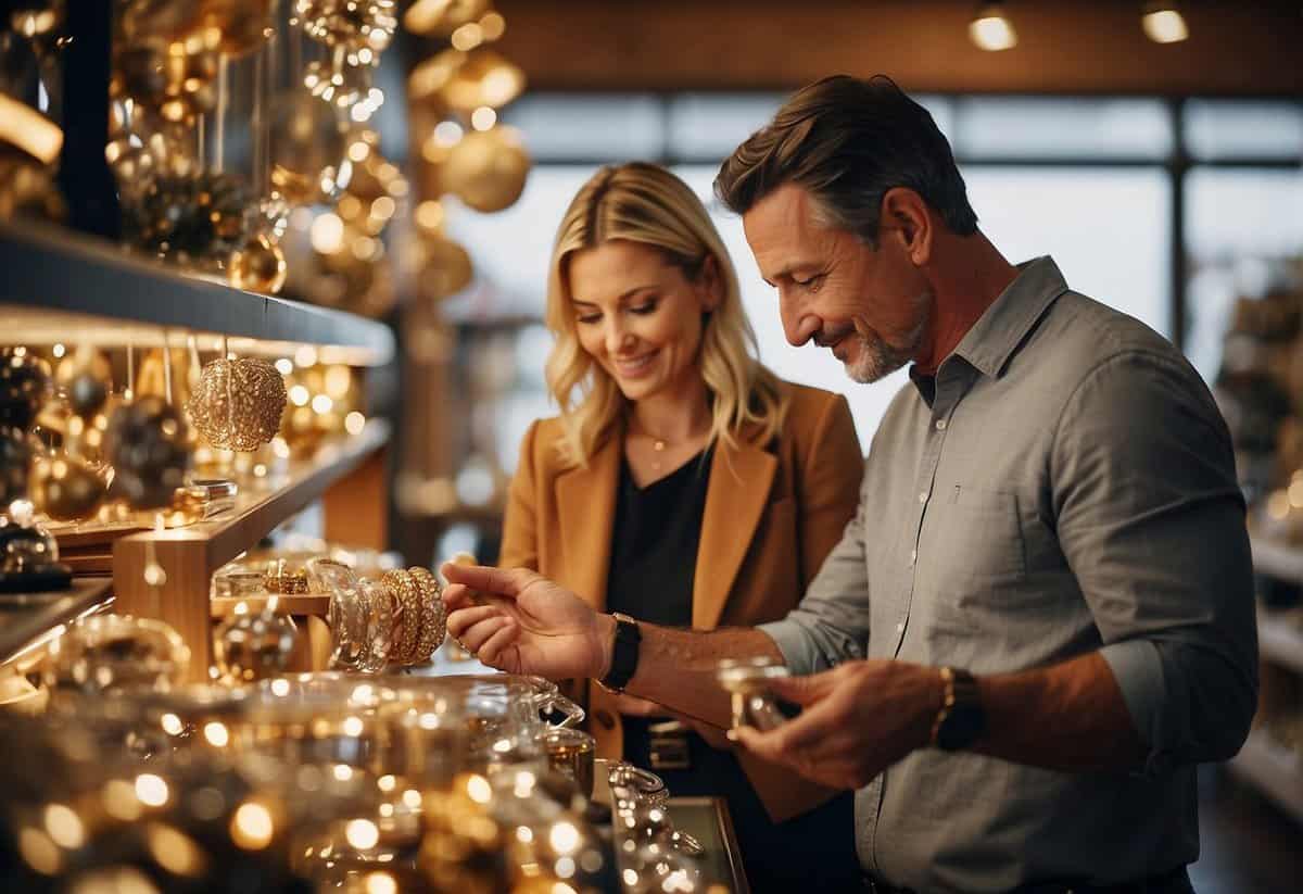 A couple browsing through a variety of gifts at a specialty shop, looking at items such as jewelry, artwork, and personalized gifts for their 14th wedding anniversary