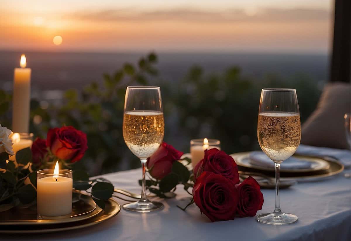 A couple sits at a candlelit table with a view of the sunset. Champagne glasses and a bouquet of roses are on the table