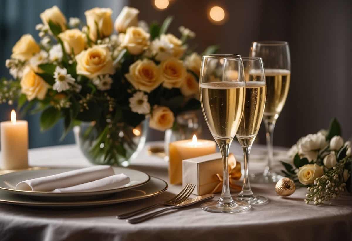A beautifully set dining table with champagne, candles, and a bouquet of flowers. A gift box and a handwritten card with "Happy 15th Anniversary" placed on the table