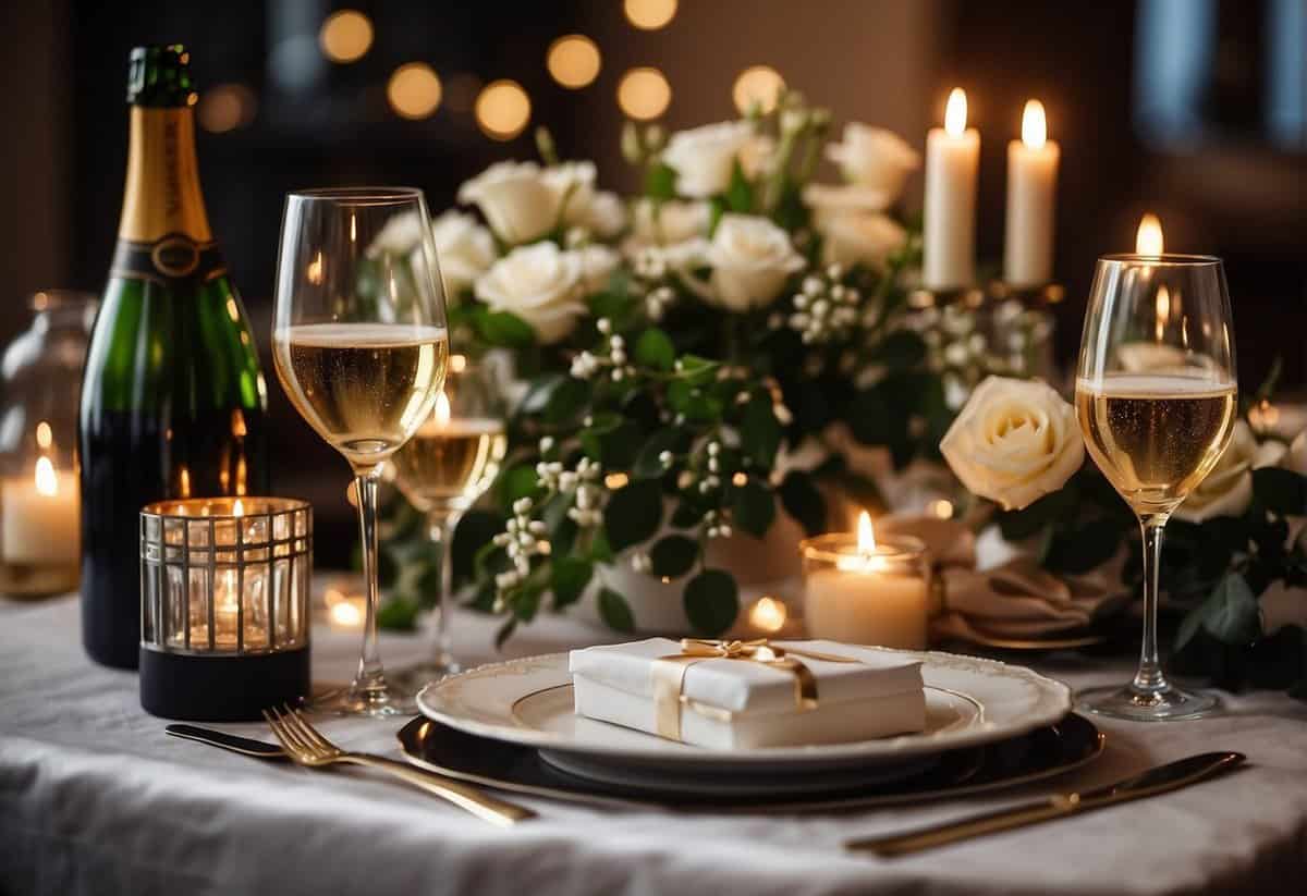 A romantic dinner table set with candles, flowers, and elegant dinnerware. A bottle of champagne chilling in an ice bucket. A handwritten love note placed next to a small gift box