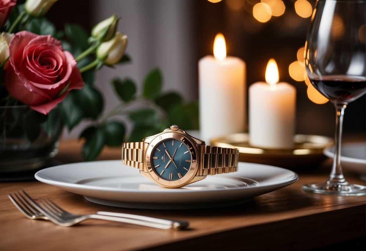 A split image of a traditional candlelit dinner with roses and a modern smartwatch and jewelry as 16th wedding anniversary gift ideas