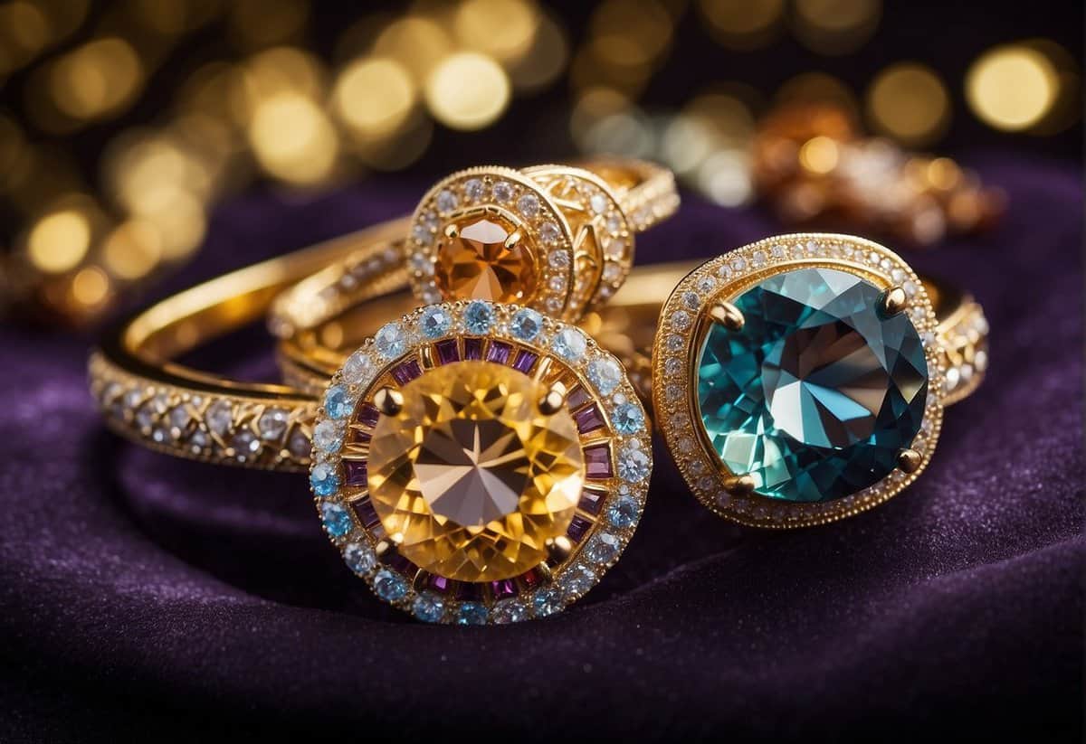 A sparkling display of jewelry and gemstones arranged on a luxurious velvet backdrop. Various pieces, including rings, necklaces, and bracelets, catch the light and glimmer with a rainbow of colors