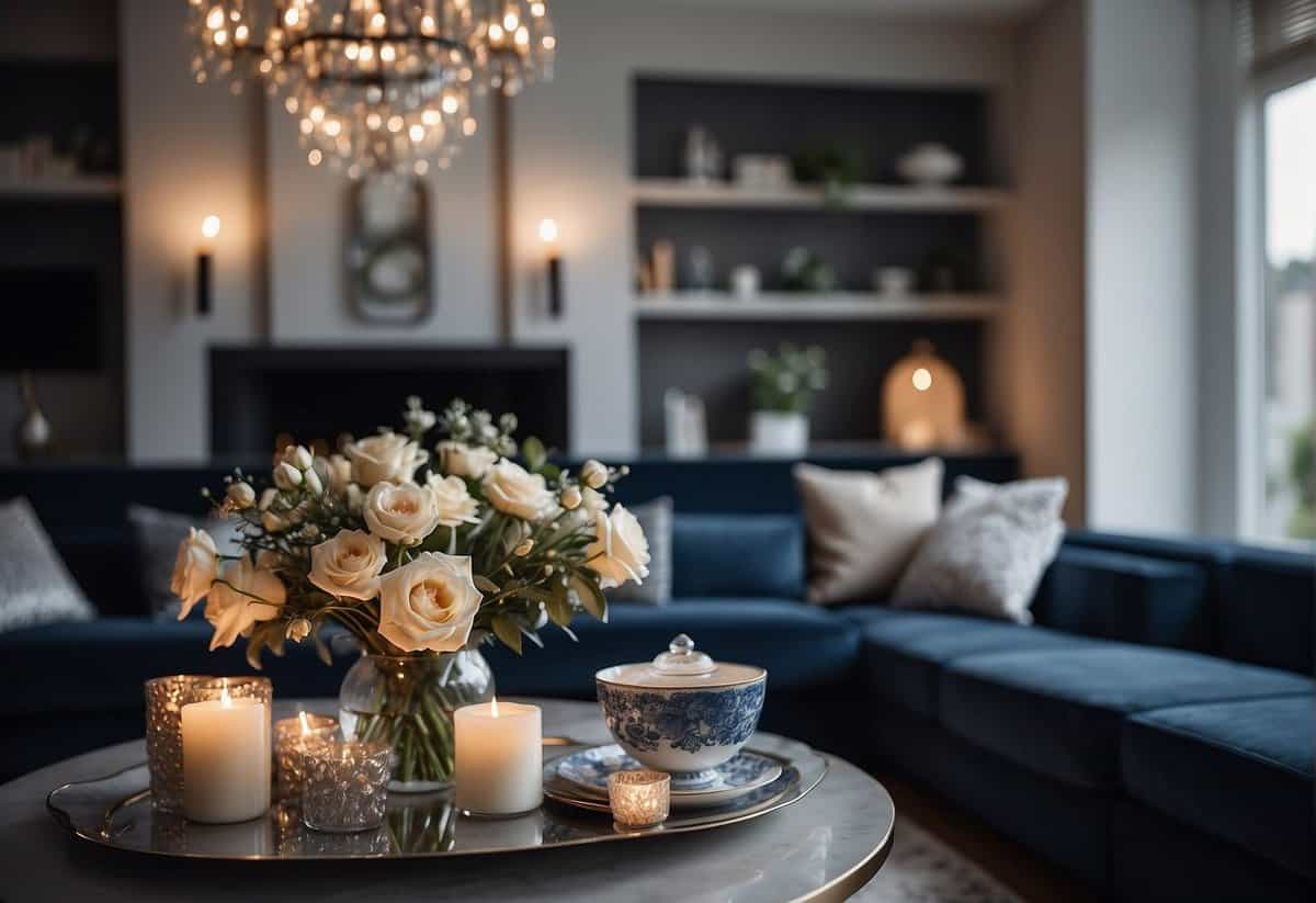 A cozy living room with a fireplace, elegant furniture, and soft lighting. A table set with fine china and a bouquet of fresh flowers. Subtle hints of silver and sapphire blue accents throughout the room