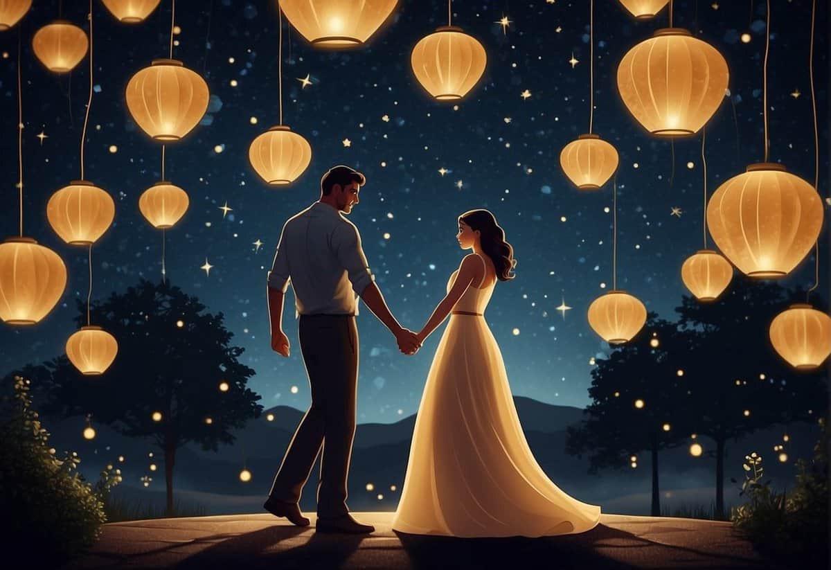 A couple dancing under a starry sky, surrounded by a circle of glowing lanterns, symbolizing their enduring love and connection on their 16th wedding anniversary