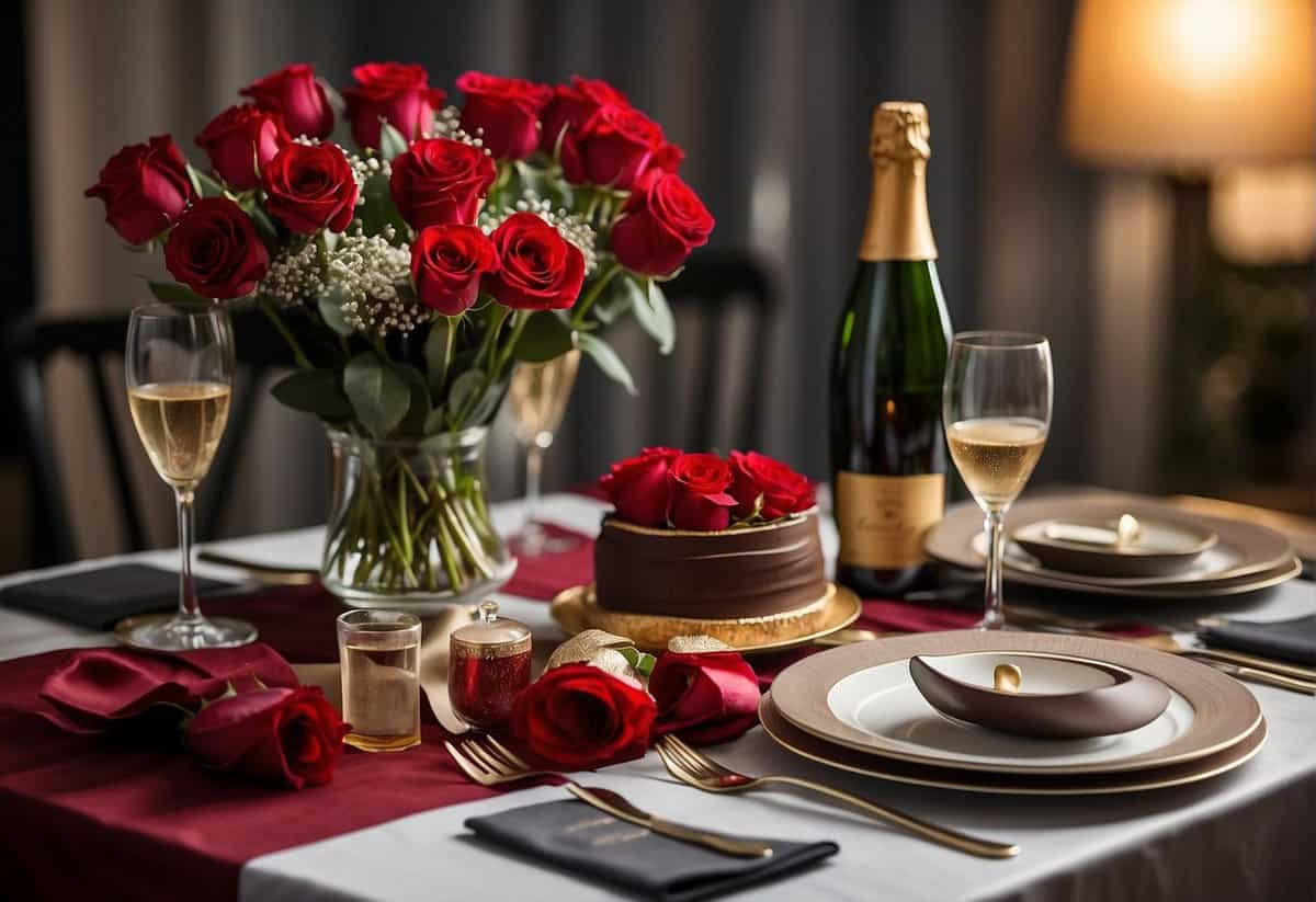 A table set for two with a bouquet of red roses, a bottle of champagne, and a box of chocolates. A 16th anniversary card lies next to the place settings