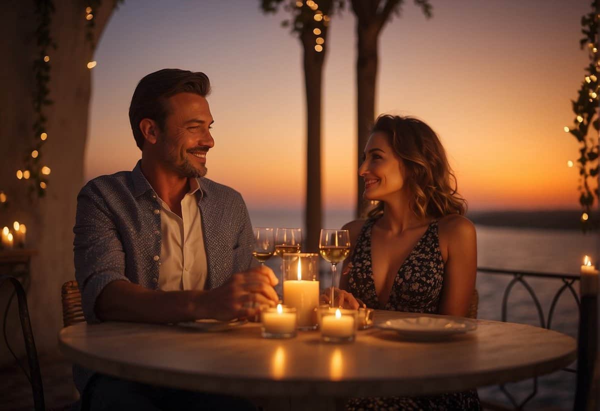 A couple sitting at a candlelit table, surrounded by romantic decorations. A bottle of wine and two glasses are on the table, with a beautiful sunset in the background