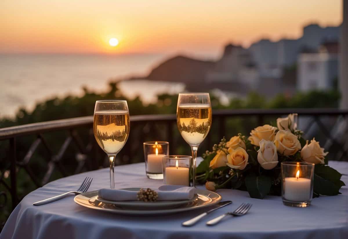 A romantic dinner table set with candles, flowers, and champagne. A beautiful sunset view from a balcony overlooking the ocean