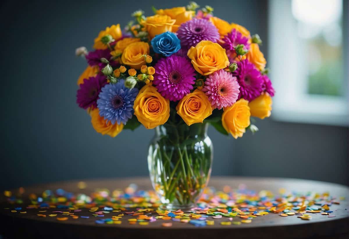 A vibrant bouquet of flowers in various colors arranged in a decorative vase, surrounded by colorful confetti and ribbons to celebrate the 18th wedding anniversary