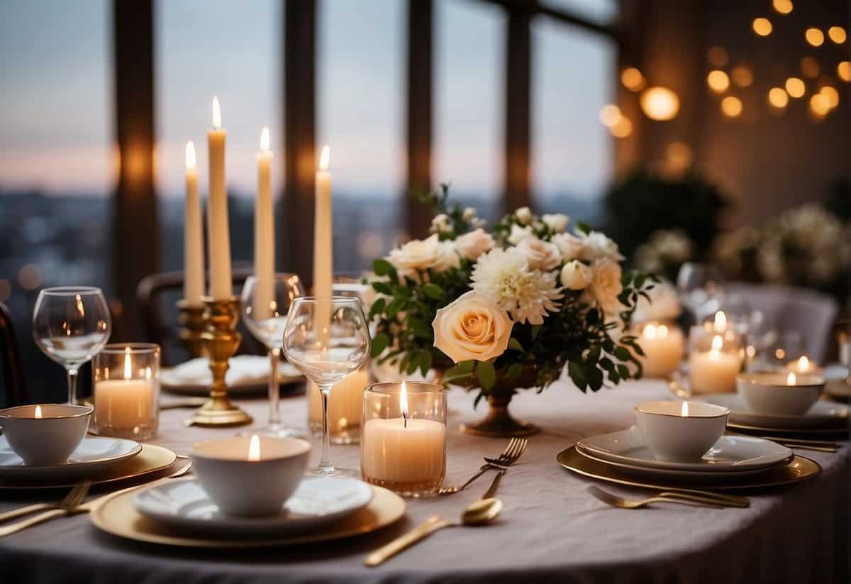 A table set with elegant dinnerware and candles, surrounded by romantic decorations and flowers. A banner reads "18th Anniversary" above the table