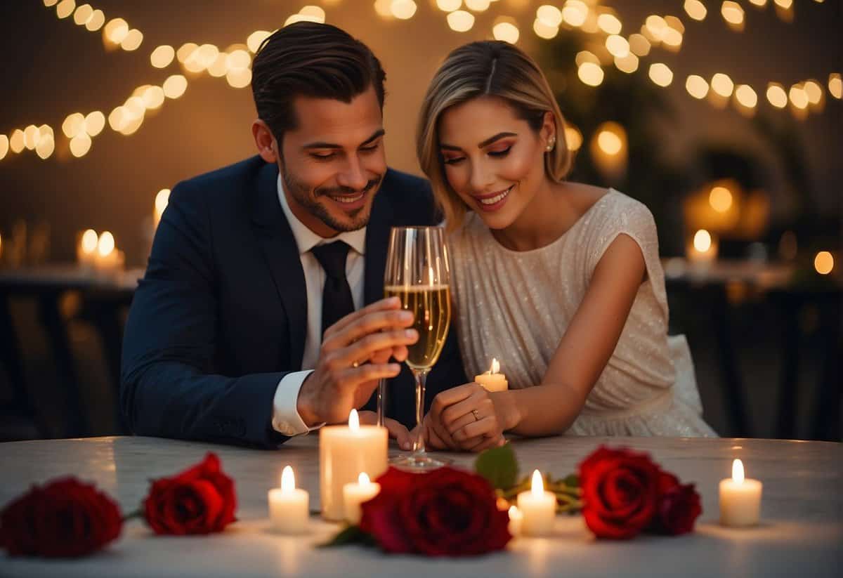 A couple sitting at a candlelit table, surrounded by roses and champagne. A gift box with a bow sits on the table