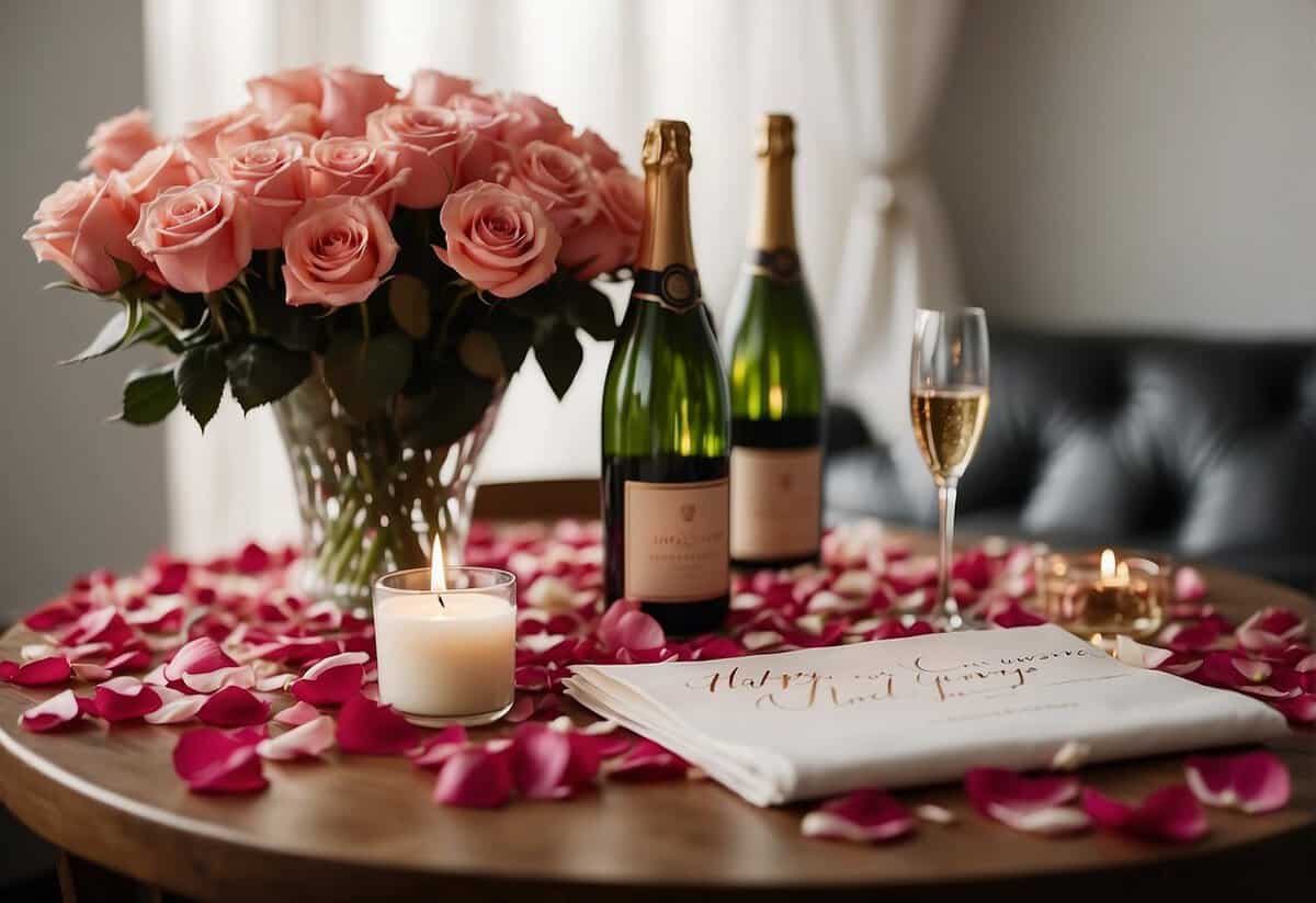 A couple sits at a table covered in rose petals, candles, and a bottle of champagne. A handwritten note with "Happy 19th Anniversary" is propped up against a vase of fresh flowers
