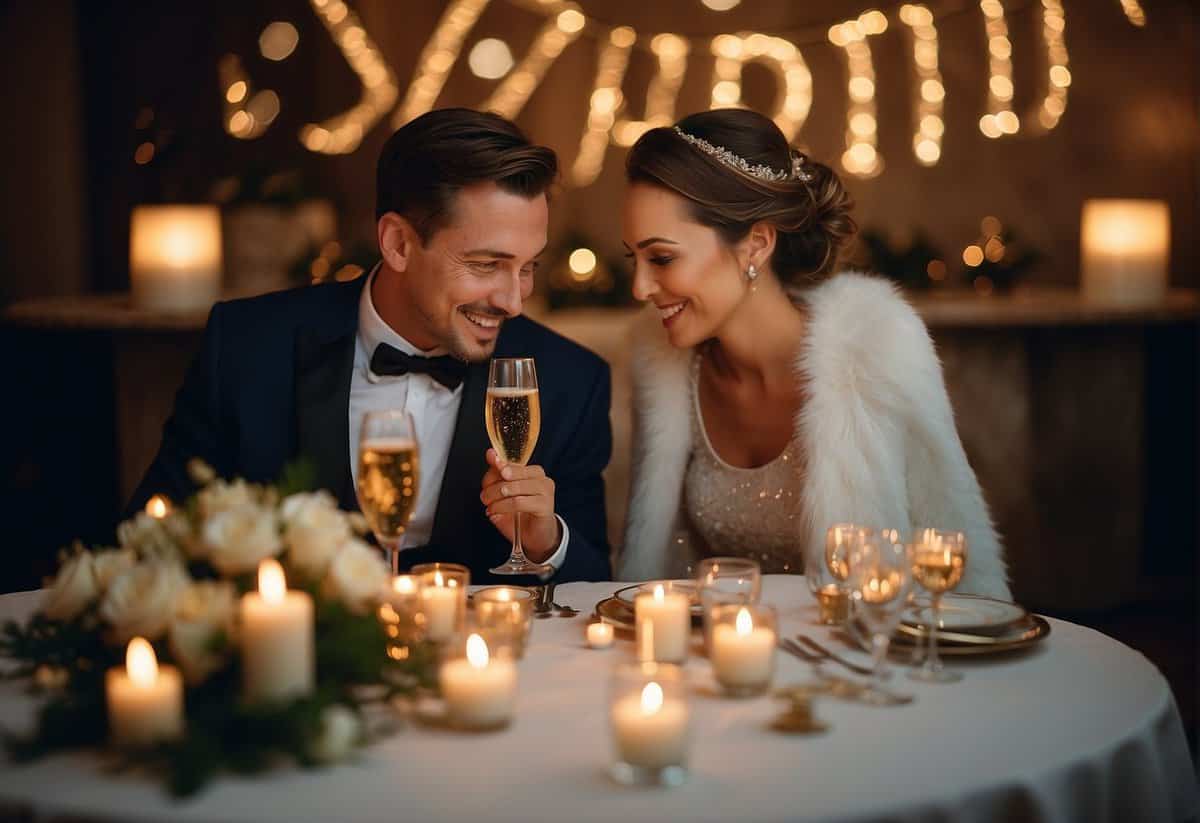 A couple sitting at a candlelit table with champagne, surrounded by photos from their wedding day, and a sign that reads "20 years and counting."