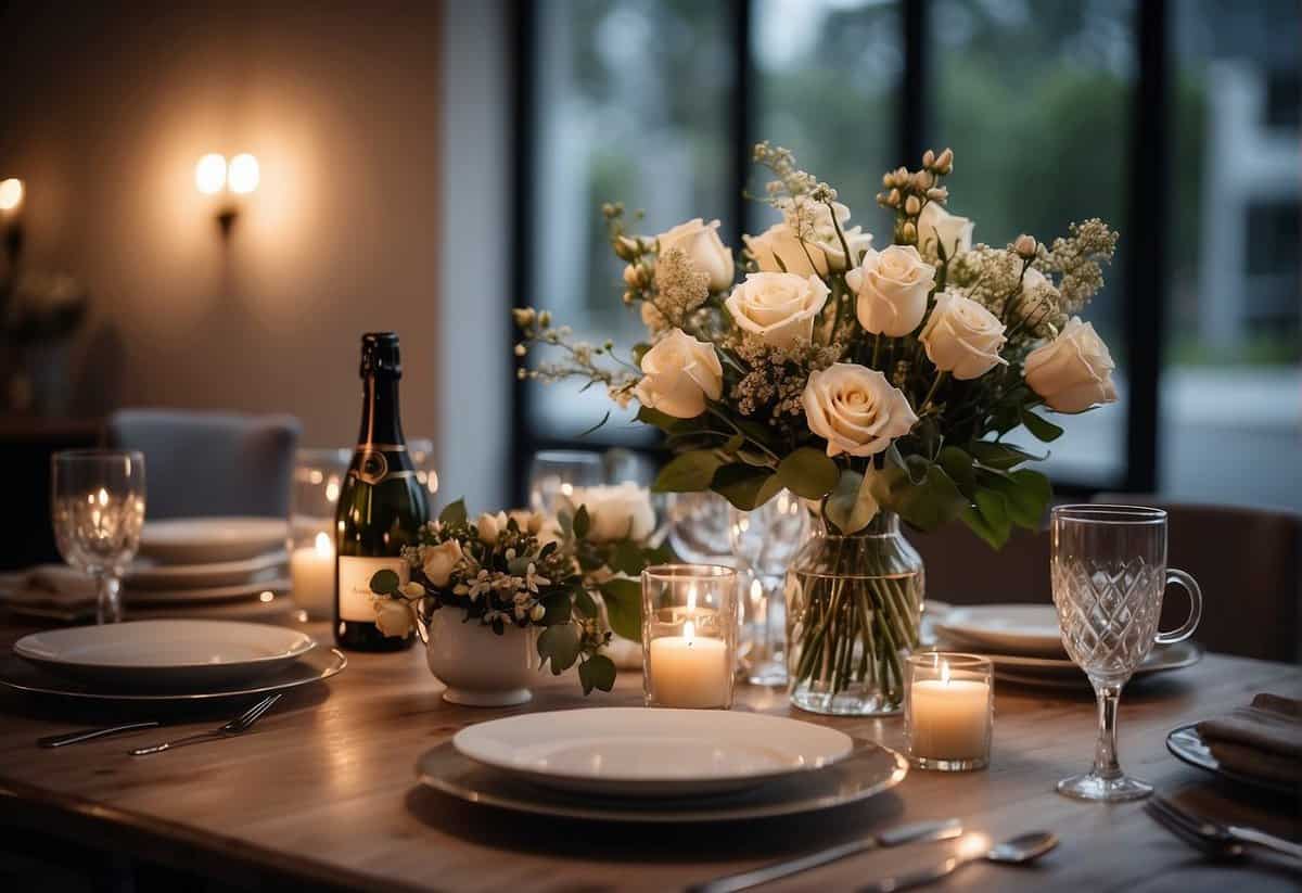 A beautifully set dining table with elegant tableware, a bouquet of fresh flowers, and candles creating a romantic ambiance. A framed photo of the couple and a bottle of champagne add personal touches