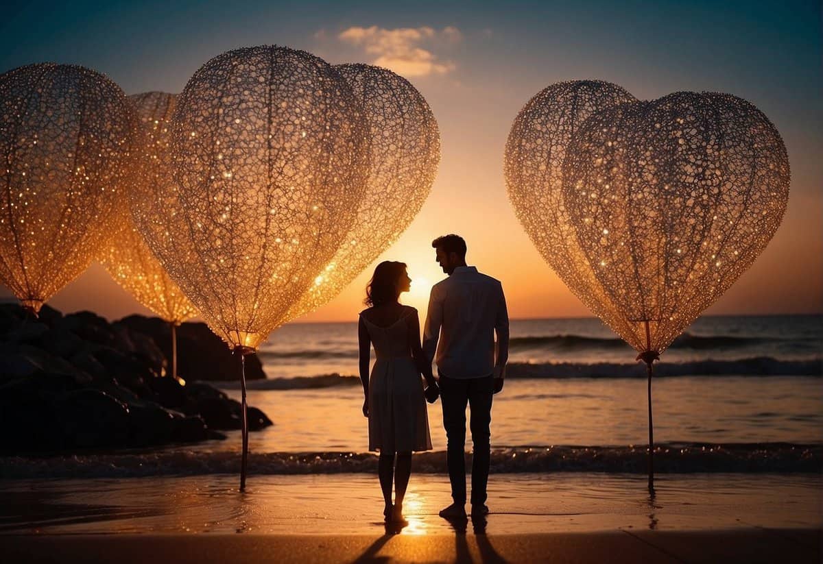 A couple's silhouette standing on a beach at sunset, surrounded by colorful fireworks and lanterns, symbolizing the expansion of their love and celebration for their 20th wedding anniversary