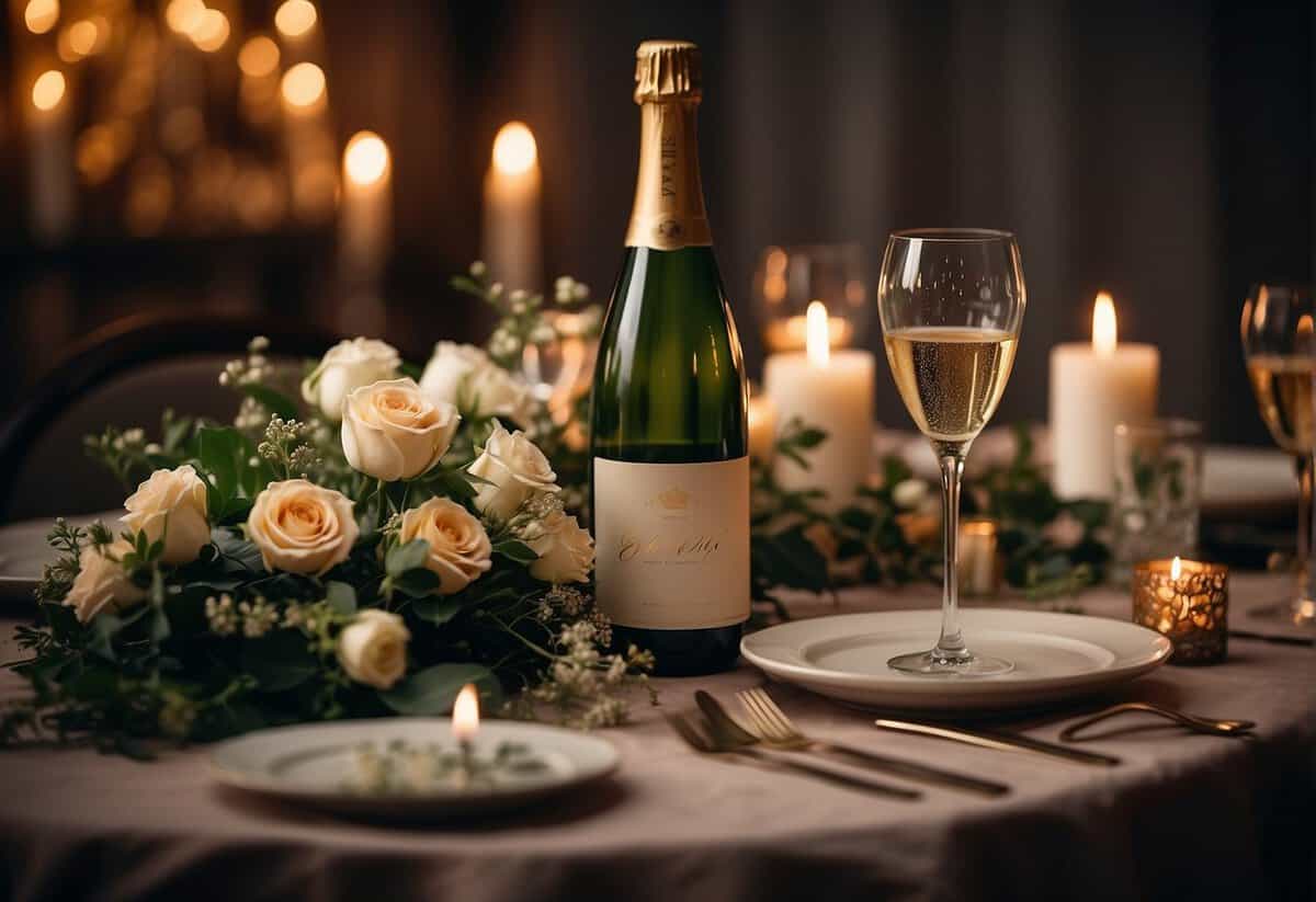 A romantic dinner set up with candles, flowers, and a bottle of champagne on a beautifully decorated table
