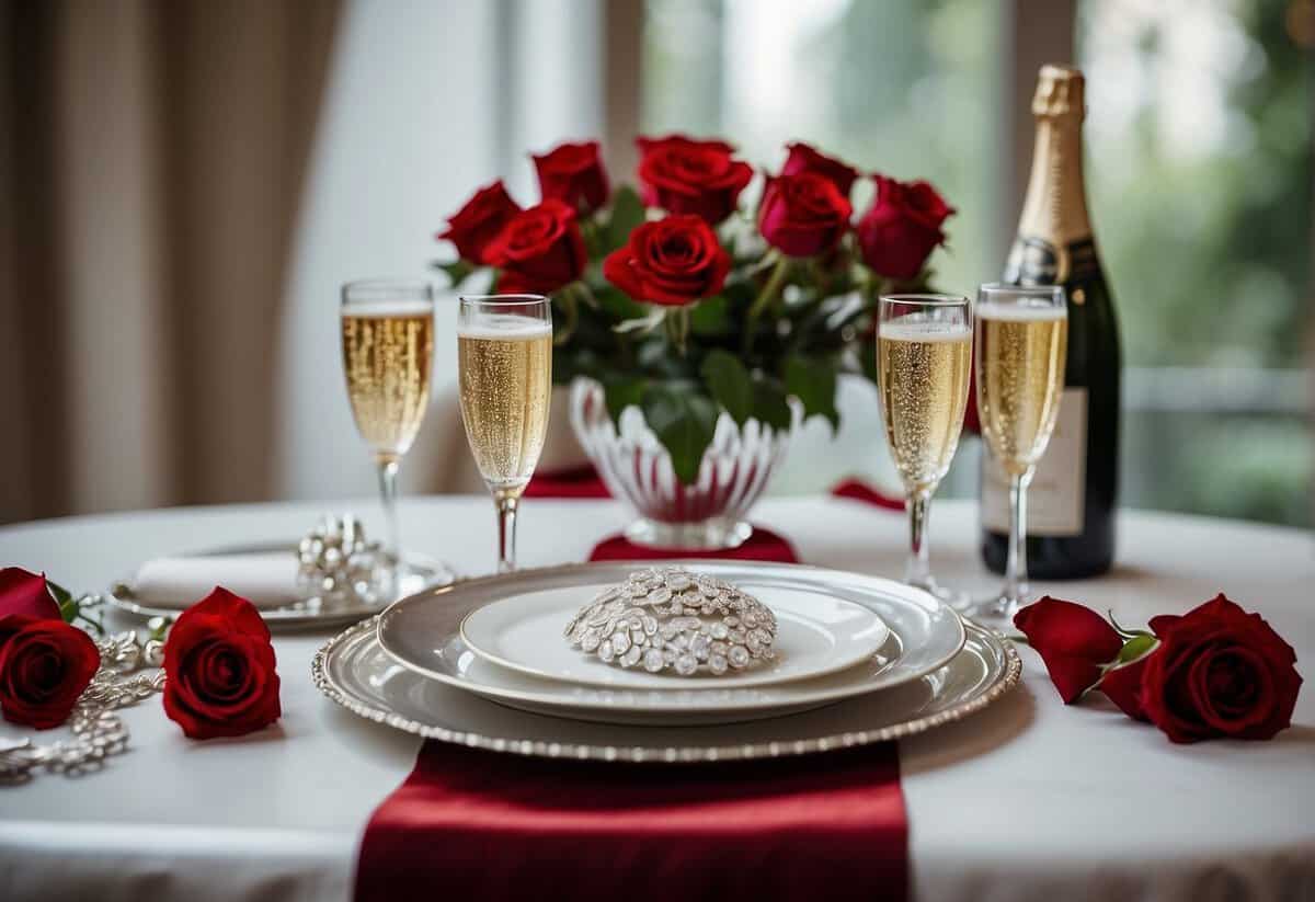 A beautifully set dining table with a vase of red roses, two champagne glasses, and a silver platter holding a piece of fine jewelry