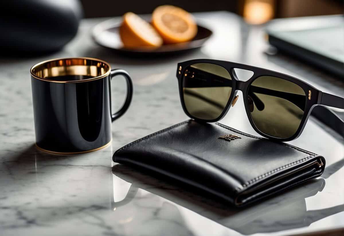 A sleek smartwatch, a pair of designer sunglasses, and a luxurious leather wallet arranged on a marble tabletop with a contemporary backdrop