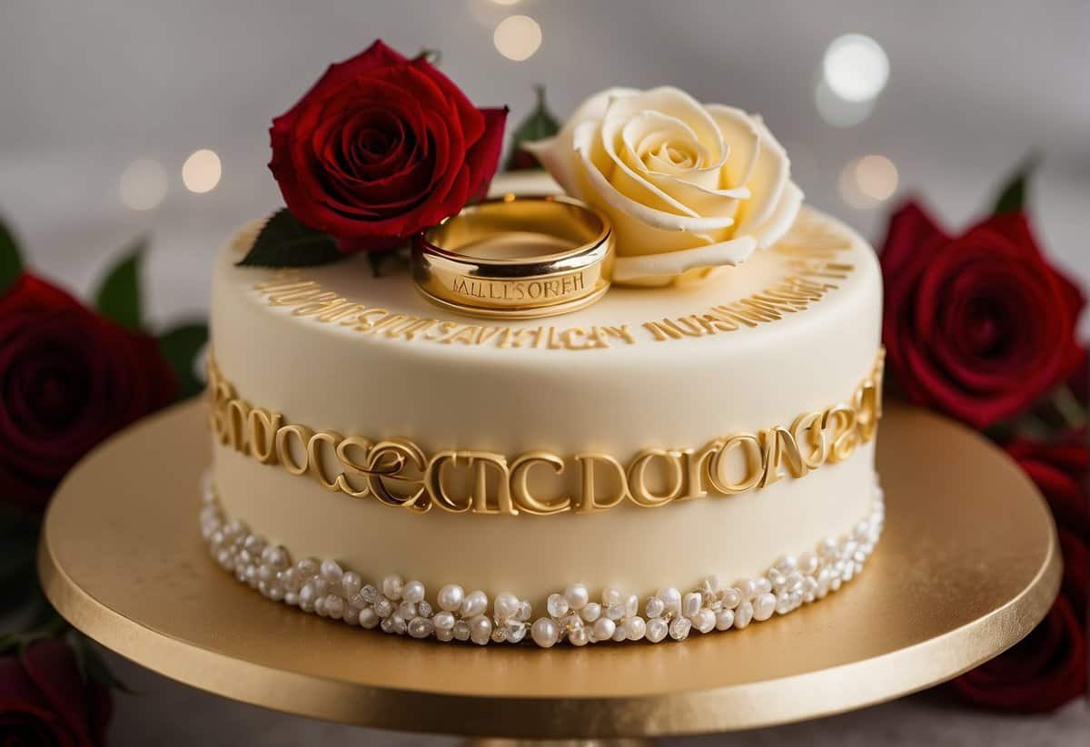 A couple's names engraved on a golden anniversary cake, surrounded by 21 roses and a pair of intertwined silver rings