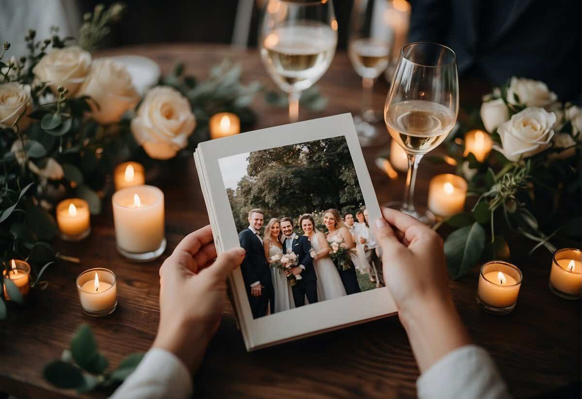 A couple's hands holding a photo album with wedding pictures, surrounded by candles, flowers, and champagne glasses