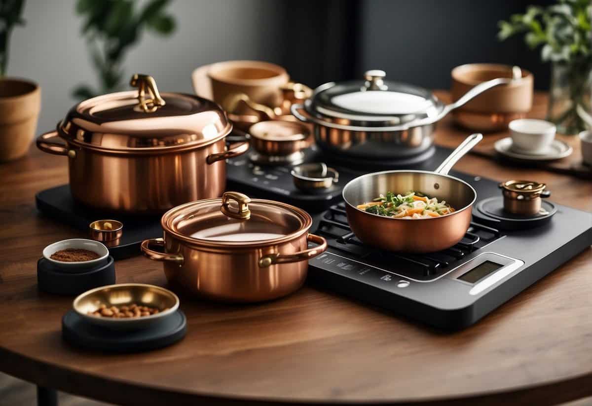 A table set with a mix of traditional and modern gifts: copper cookware, a vintage clock, and sleek electronic gadgets
