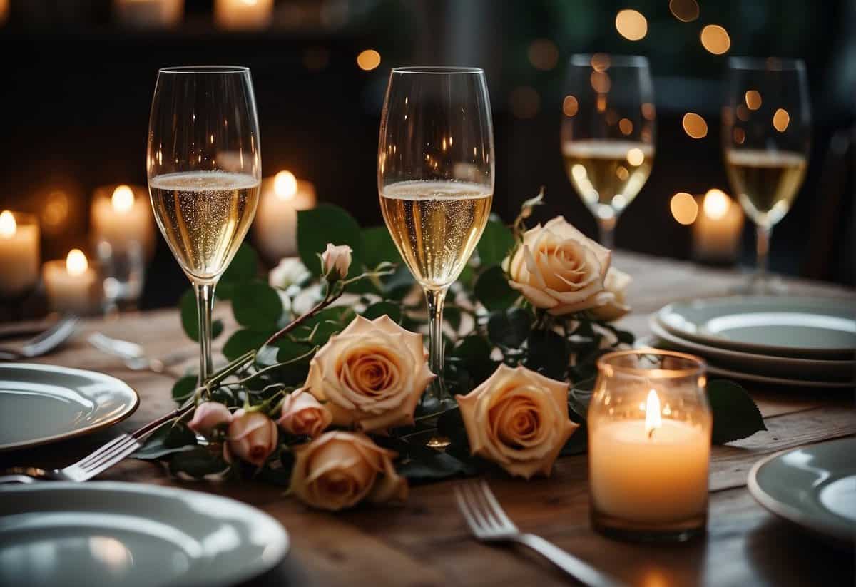 A cozy candlelit dinner with two champagne glasses and a bouquet of roses on a beautifully set table