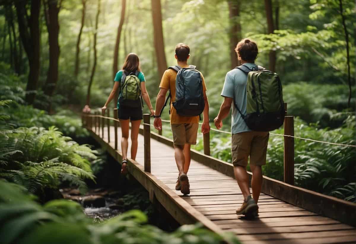 A couple hiking through a lush, green forest, crossing a wooden bridge over a babbling stream, with a sense of adventure and togetherness in the air
