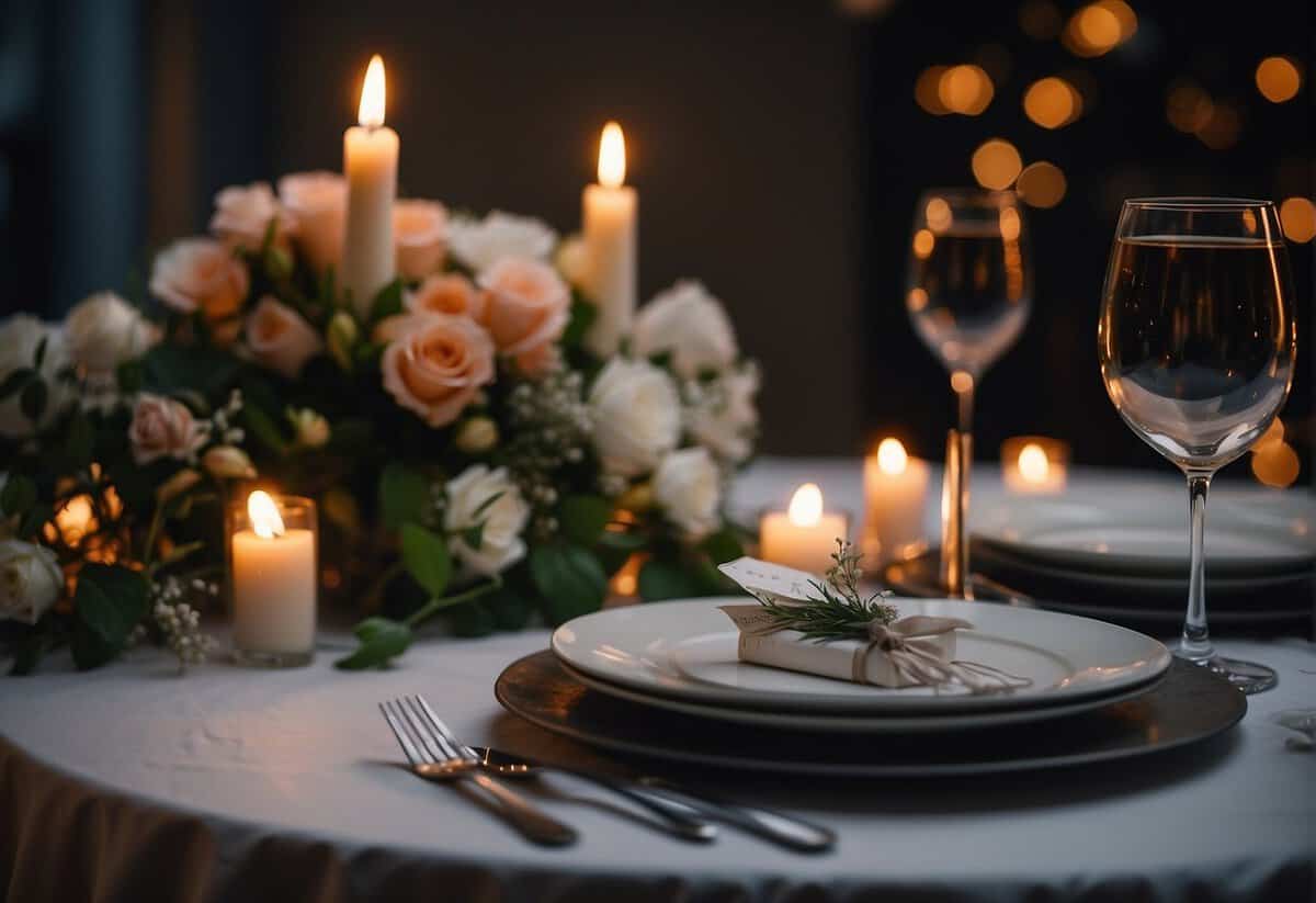 A romantic dinner setting with candlelight, flowers, and a beautifully set table. A bottle of champagne chilling in an ice bucket, and a handwritten love note placed on the table