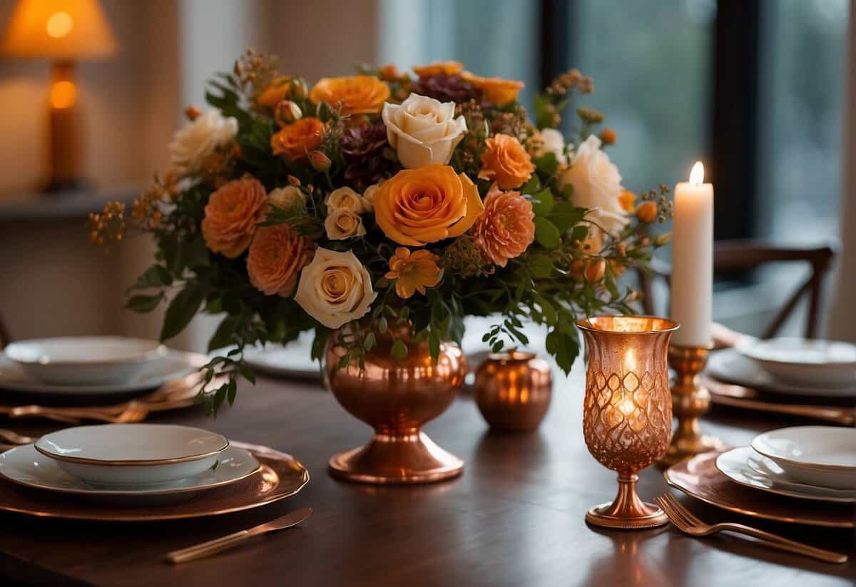 A beautifully set dining table with a bouquet of copper-colored flowers, two intertwined swans, and a pair of elegant copper candle holders