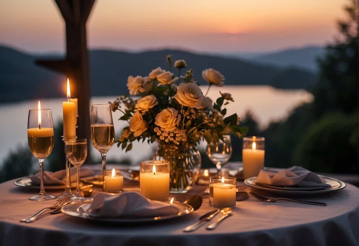 A couple's table set with a romantic dinner, surrounded by candles and flowers, with a view of a scenic sunset over a calm lake
