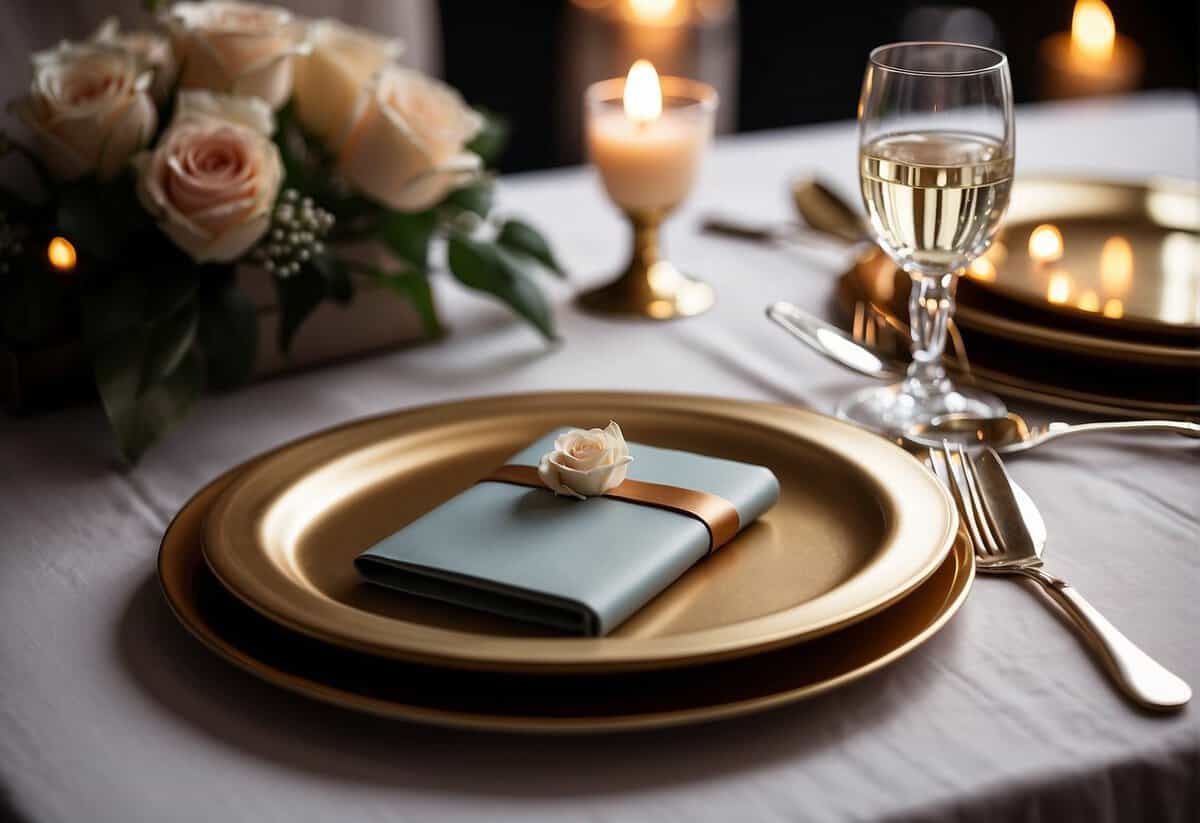 A romantic dinner table set with candles, flowers, and champagne. A gift box with a silver necklace and a leather journal