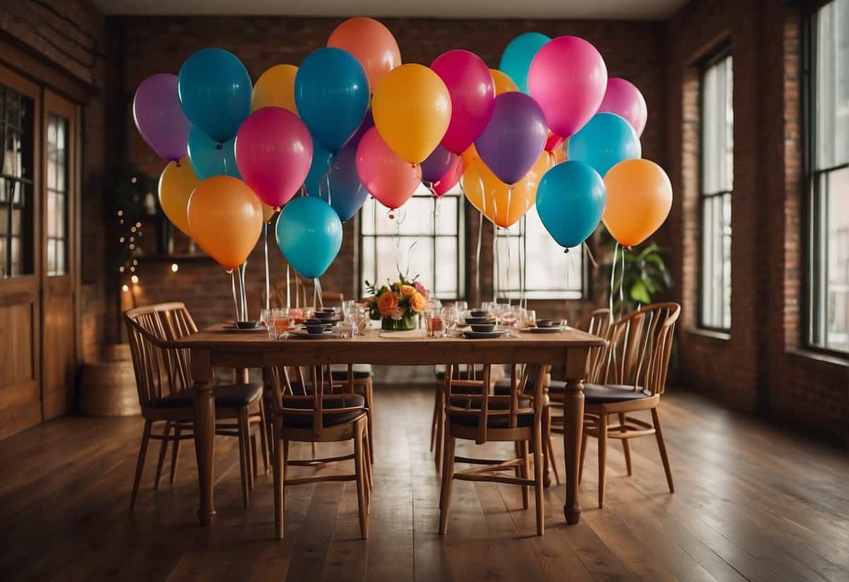Colorful balloons and streamers adorn a festive room, with a table set for a special anniversary dinner. A banner reading "23 Years Together" hangs on the wall