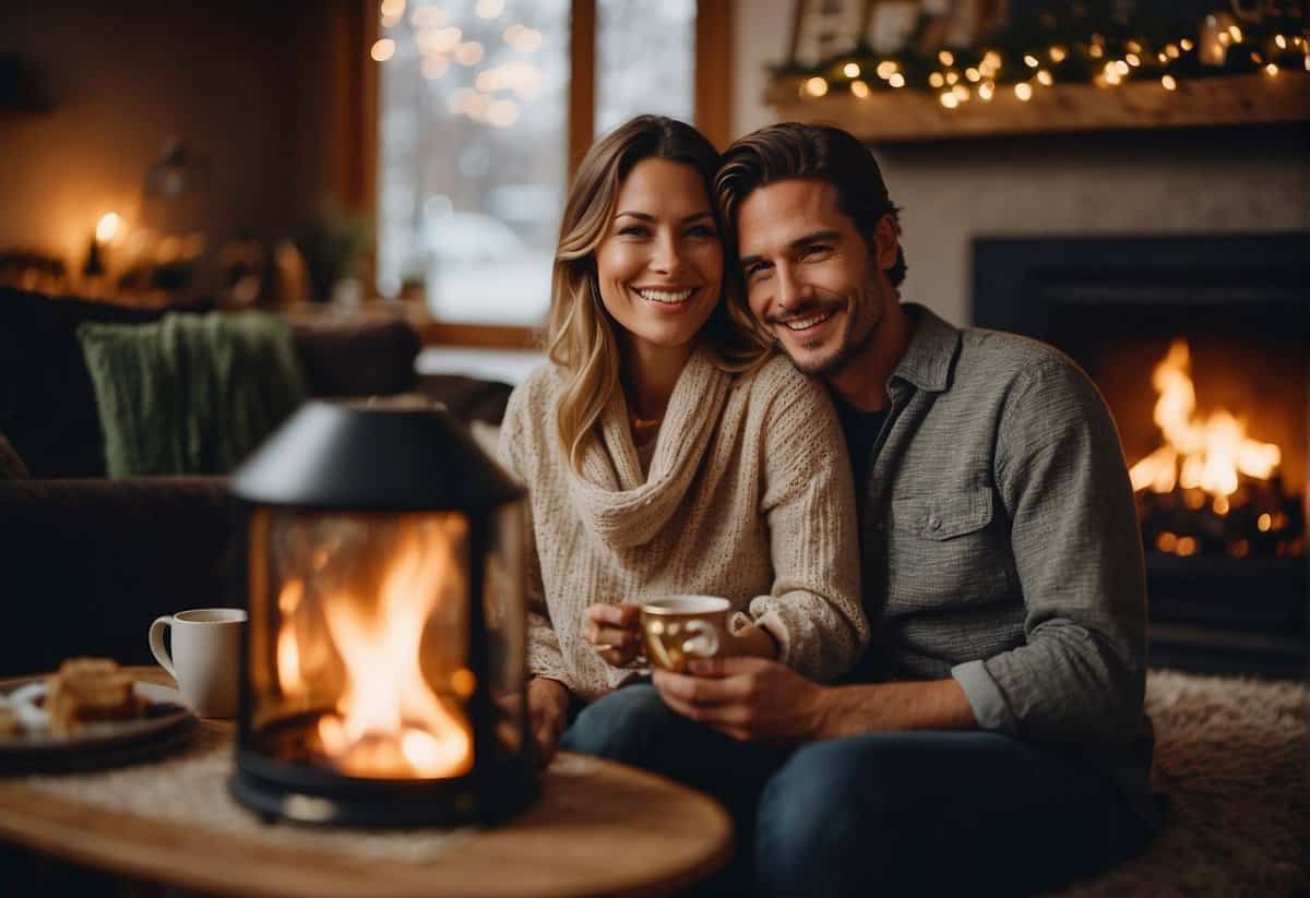 A couple sitting by a cozy fireplace, surrounded by photos and souvenirs from their travels. They are smiling and reminiscing about their adventures together