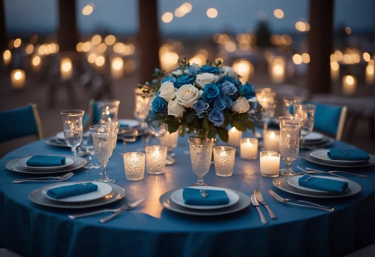 A table set with silver and blue decor, surrounded by 23 candles, a bouquet of roses, and a framed wedding photo