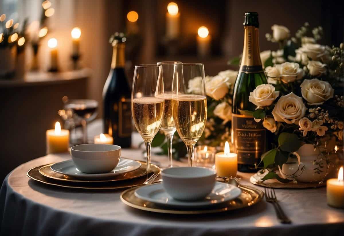 A couple's dining table set with elegant dinnerware, a bouquet of flowers, and a bottle of champagne. Candles are lit, casting a warm glow over the scene