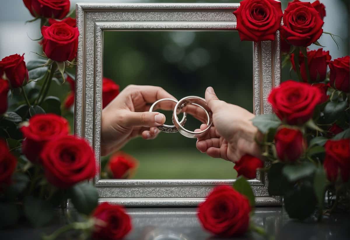 A couple's hands clasping a silver picture frame, surrounded by 24 red roses and a pair of intertwined silver rings, symbolizing the significance of the 24th wedding anniversary