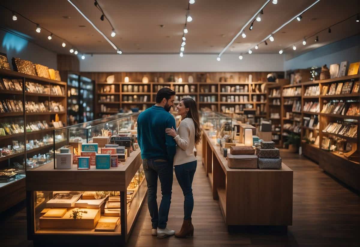 A couple browsing through a variety of gift options, surrounded by colorful displays and shelves filled with anniversary-themed items