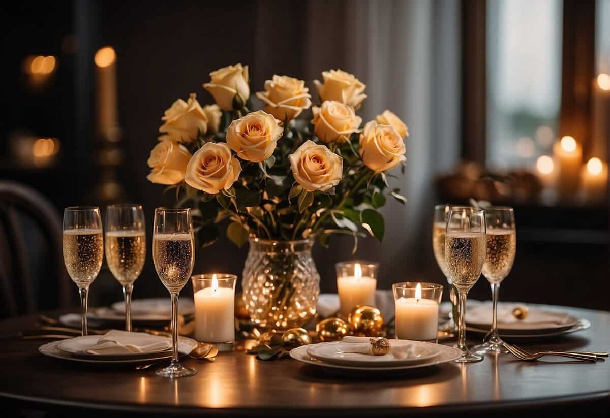 A festive table set with elegant dinnerware, a bouquet of roses, and a bottle of champagne. Candles flicker, casting a warm glow on the scene