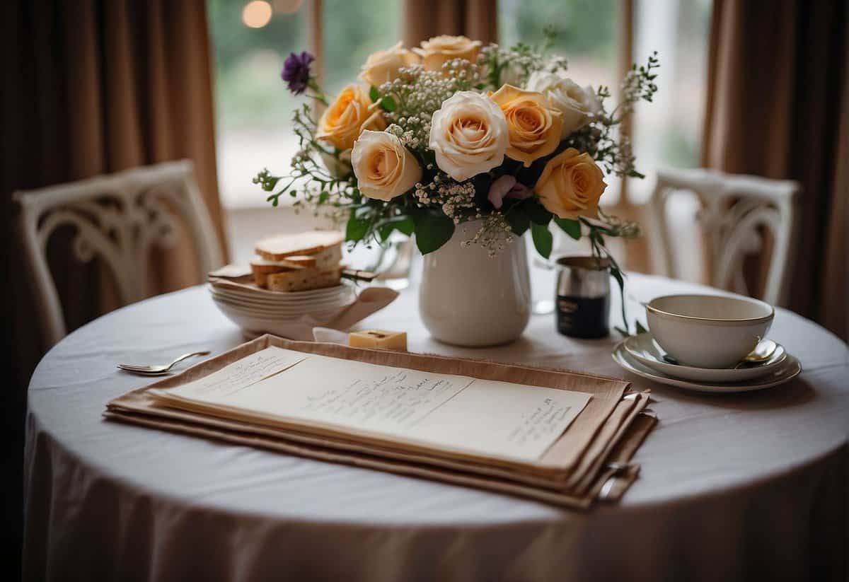 A table set for two, adorned with photos and mementos from 24 years together. A handwritten love note and a bouquet of flowers add a touch of sentiment to the intimate setting
