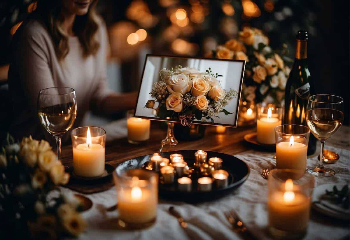 A couple's hands holding a bouquet of flowers and a framed photo, surrounded by candles and a bottle of champagne on a decorated table