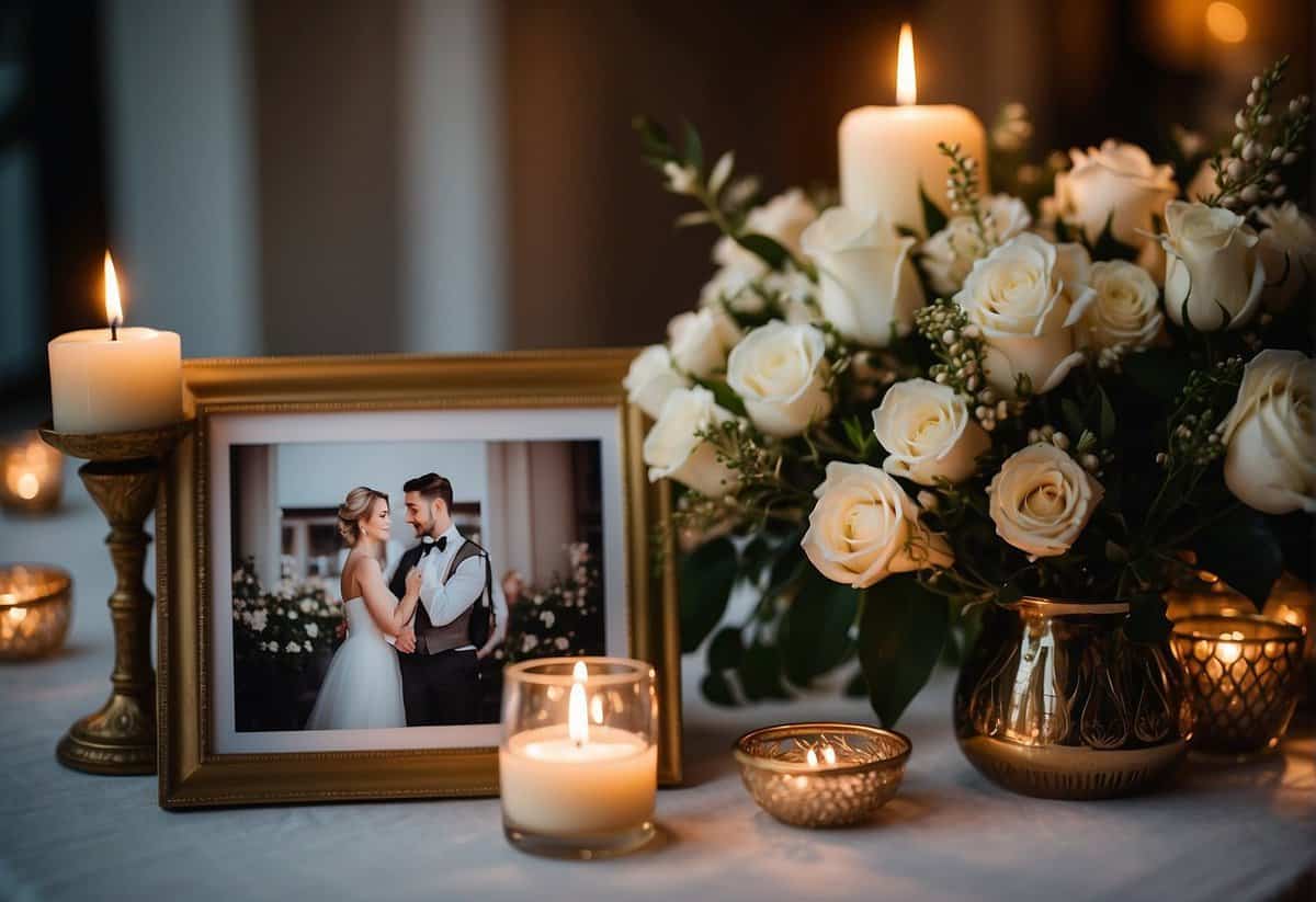 A beautifully set table with candles, flowers, and champagne. A photo album and framed wedding picture displayed. A banner reading "25 years together."