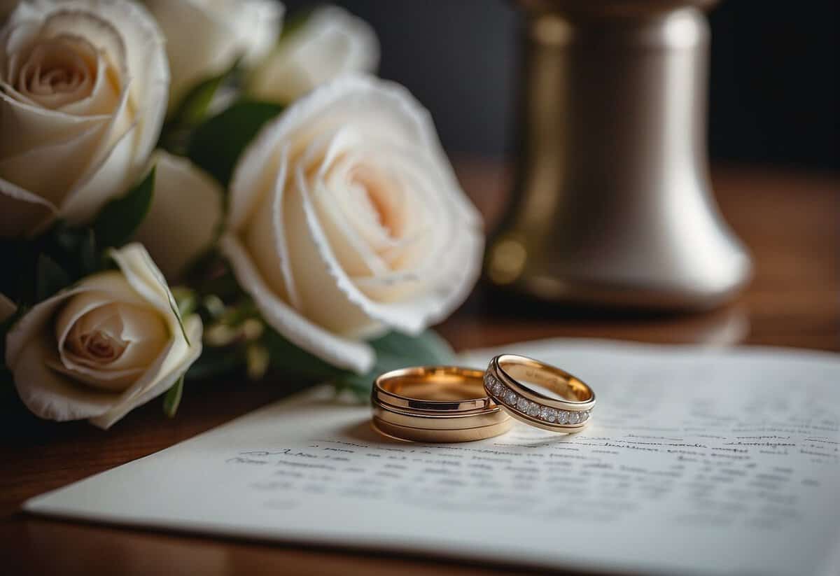 A couple's wedding rings placed on a table next to a framed wedding photo and a handwritten love letter