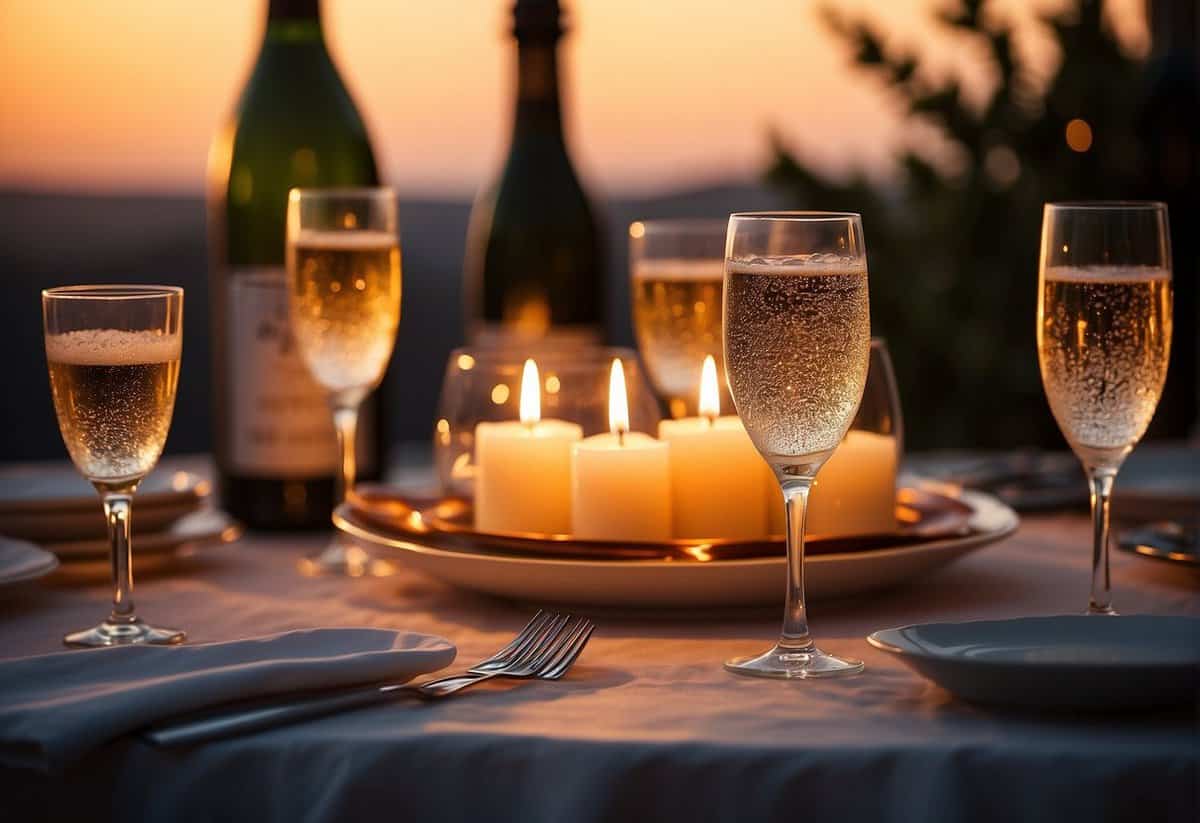 A table set with elegant dinnerware, surrounded by flickering candles and a bottle of champagne on ice, with a stunning sunset in the background